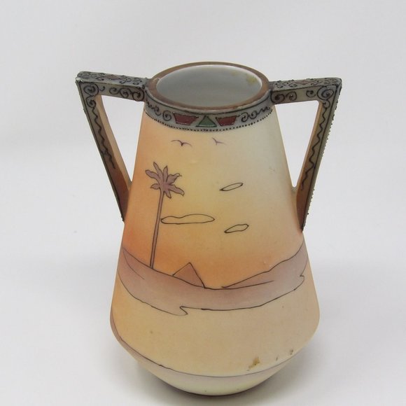 Antique Hand Painted Nippon Green Label Handled Vase with Egyptian Scene with Mo - Picture 3 of 10